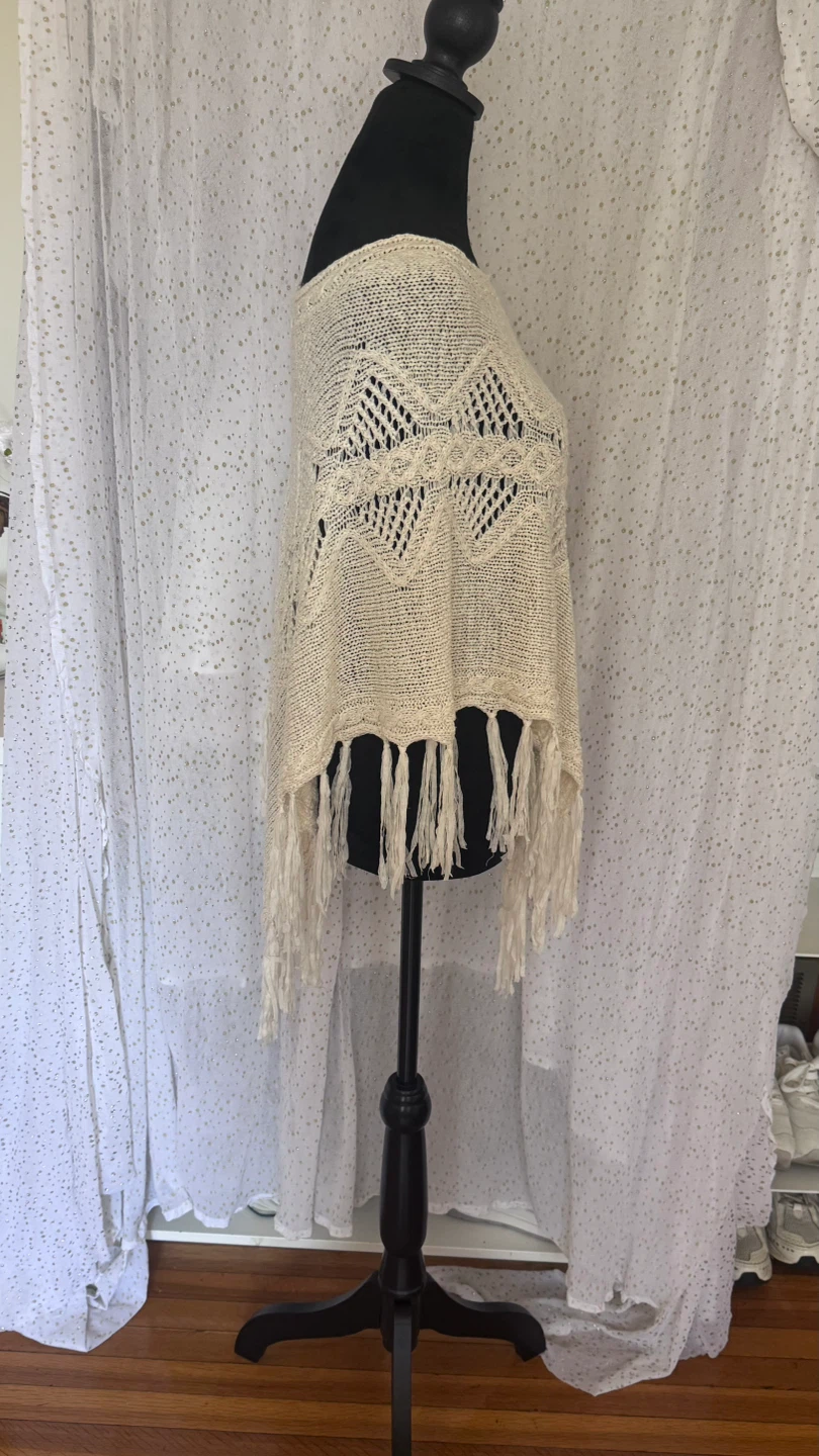 Cream Knit Poncho with Fringe - photo 3