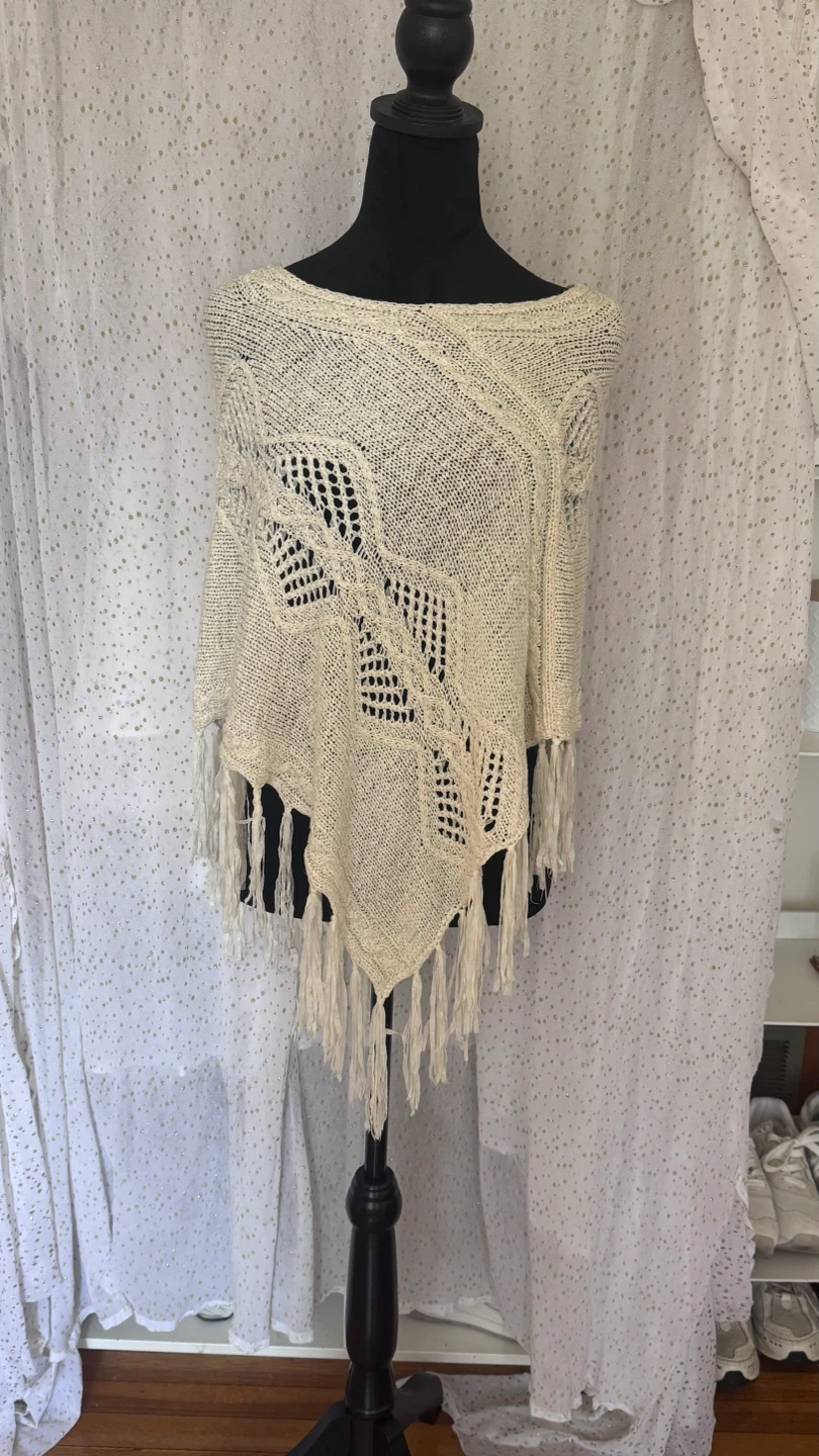 Cream Knit Poncho with Fringe