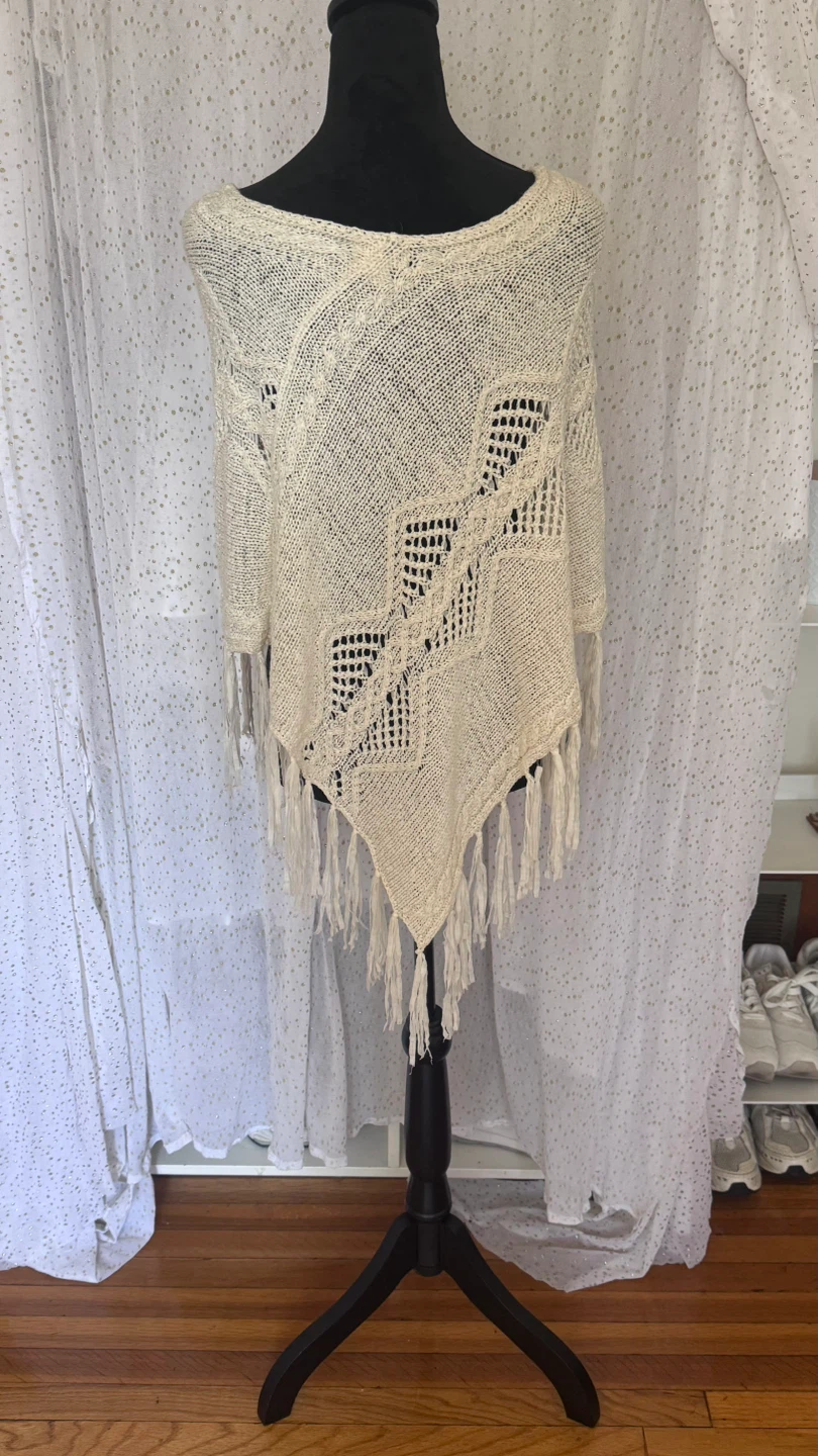 Cream Knit Poncho with Fringe - photo 2