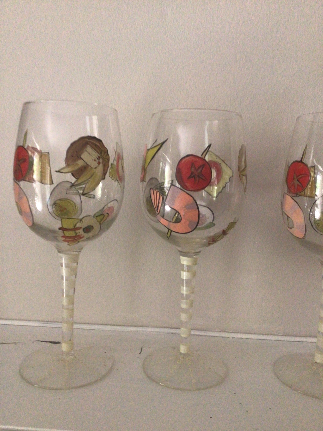 Set of 4 Hand-Painted Wine Glasses with Food Designs