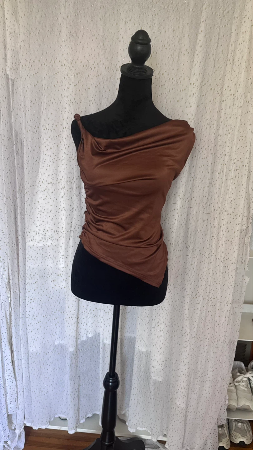 SHEIN Brown Ruched Asymmetrical Top