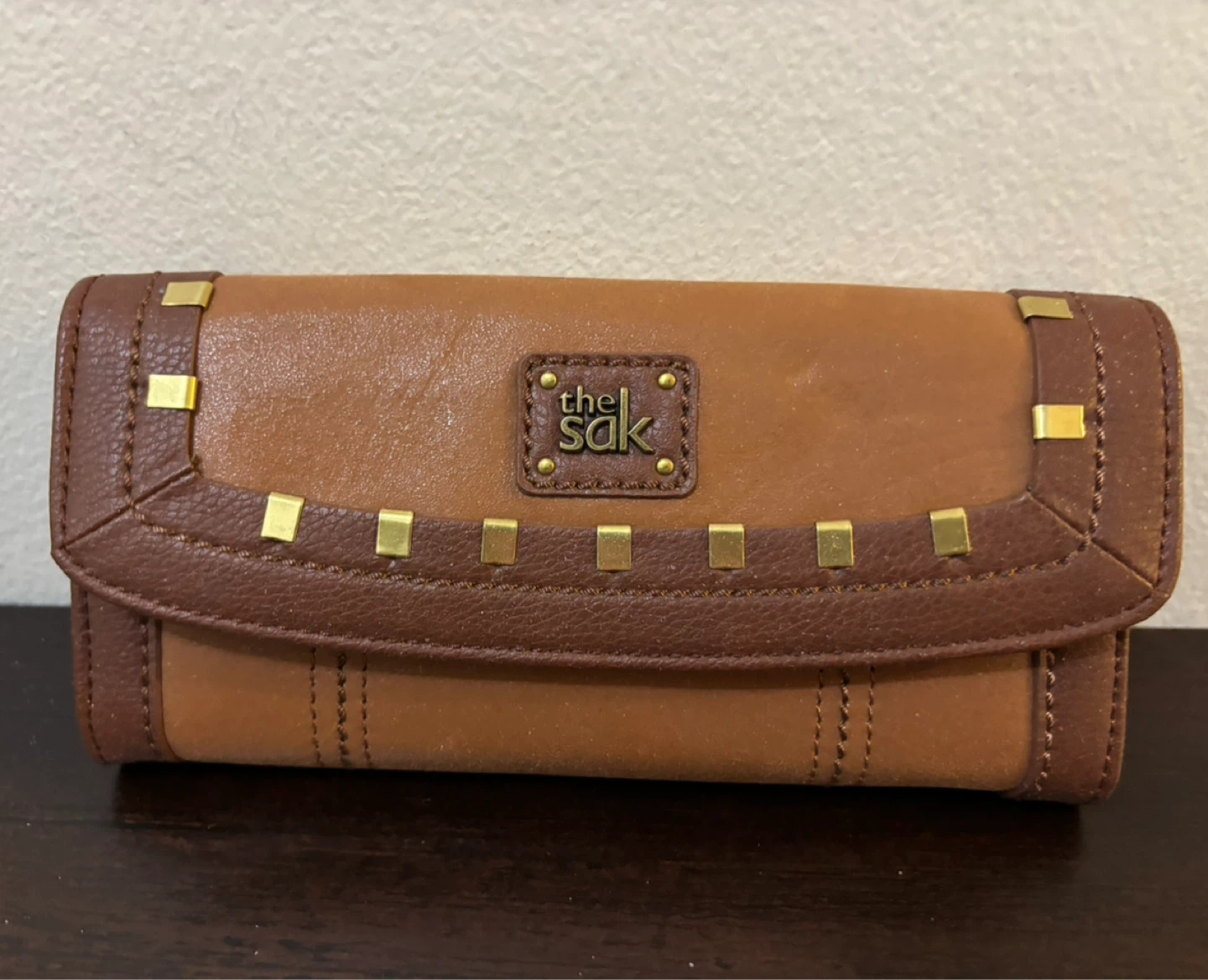NEW-The Sak Brown Leather Wallet with Gold Studs