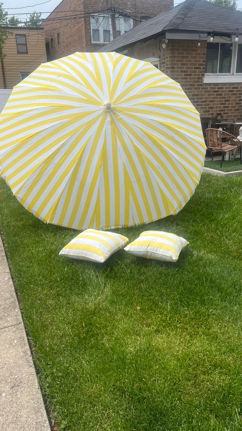 Yellow and White Striped Patio Umbrella and Pillows - photo 5