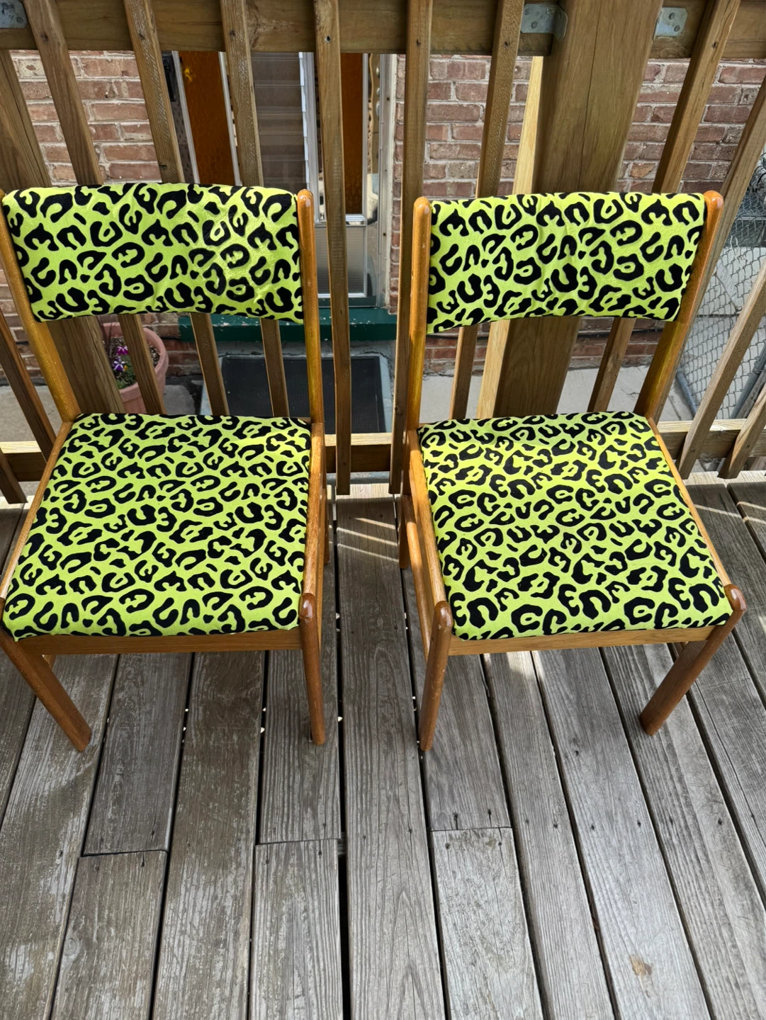 Set of 2 Chairs - Lime Green Leopard Print Upholstery
