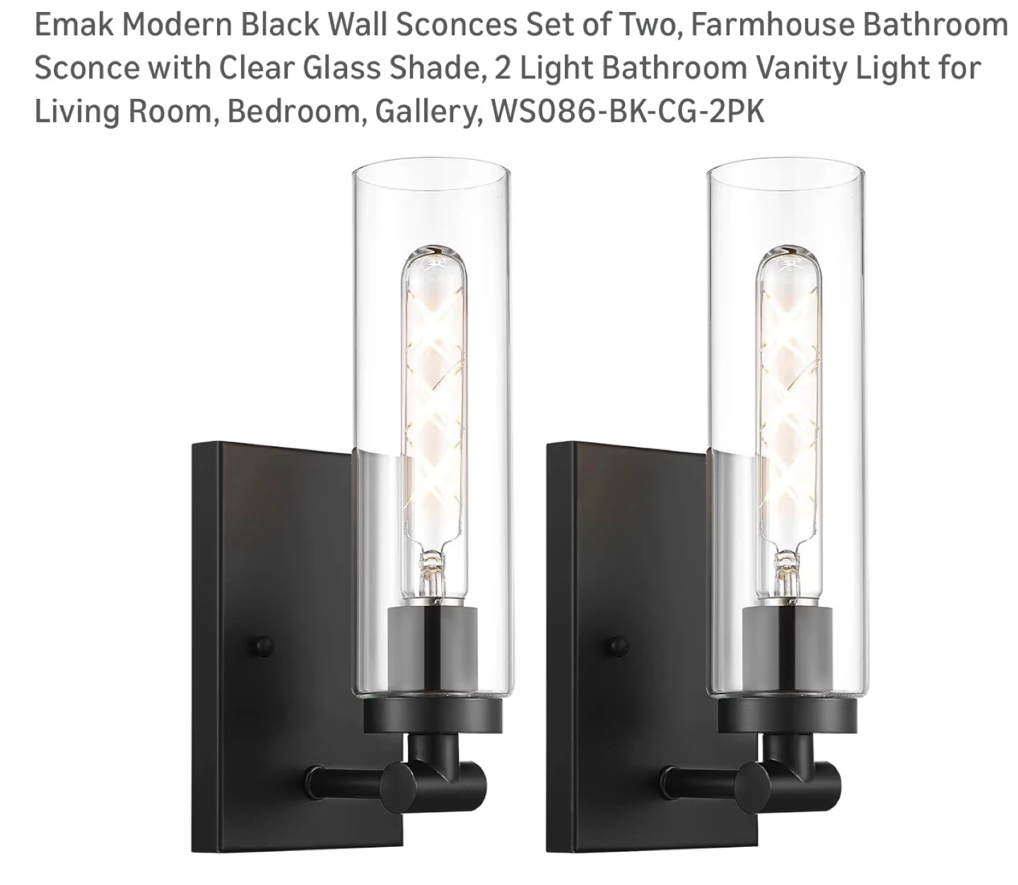Modern Black Wall Sconces (Set of 2) with Clear Glass Shade 2BS