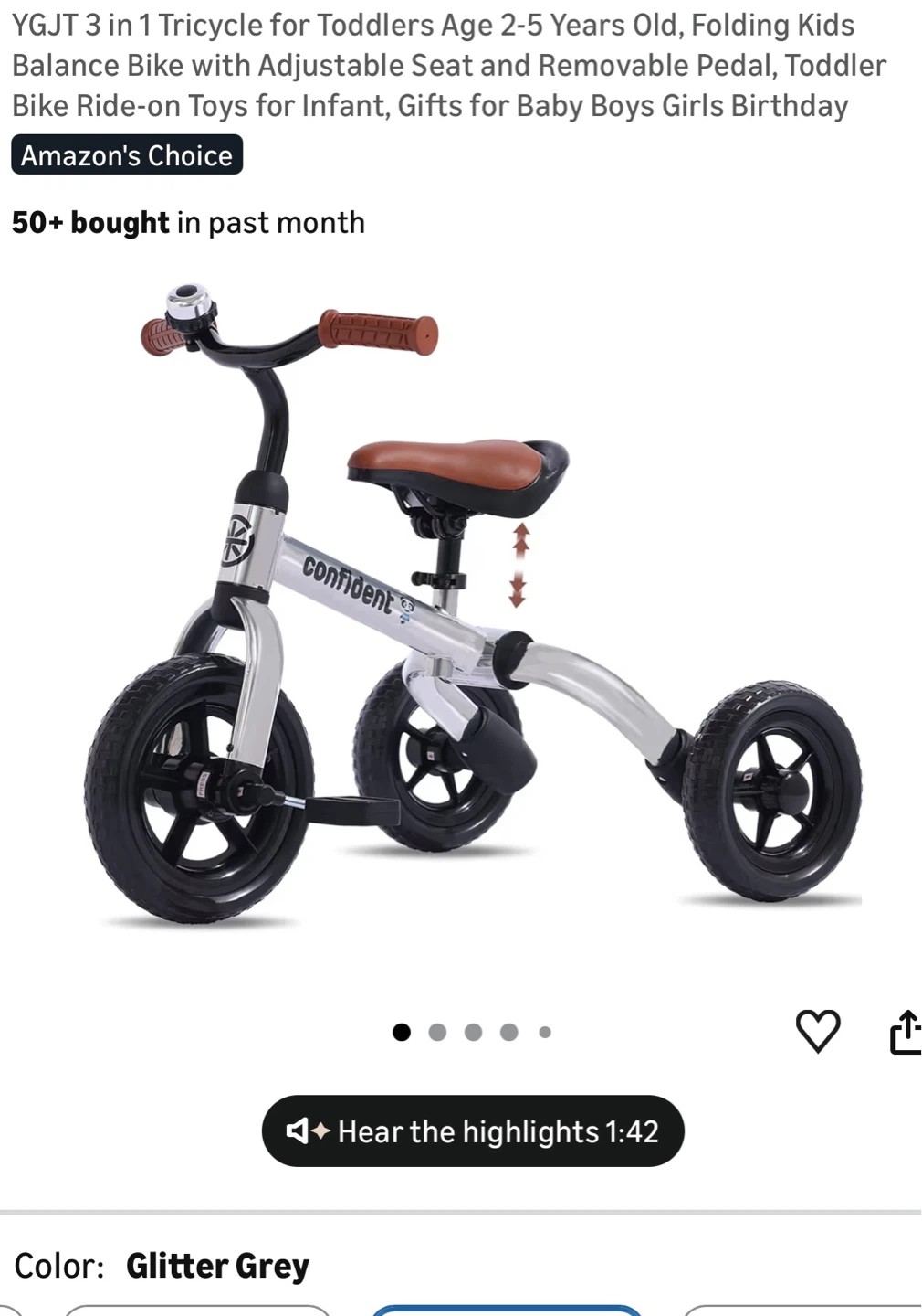 Confident 3-in-1 Kids Balance Bike Tricycle - Glitter Grey 31T