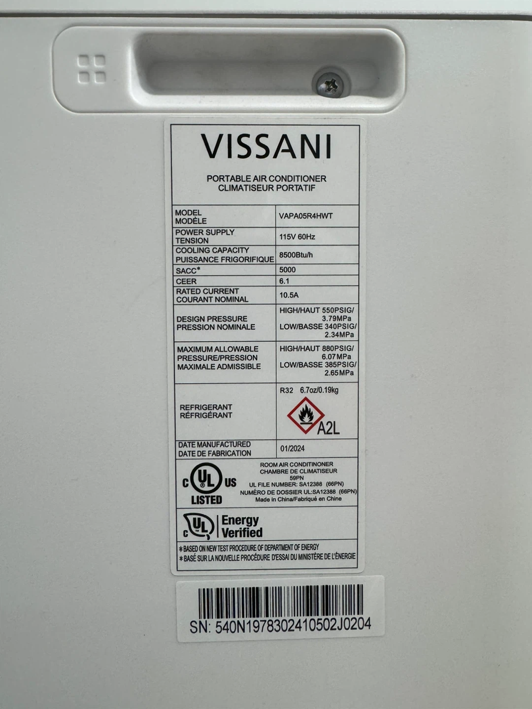Vissani Portable Air Conditioner VAPA05R4HWT - photo 2