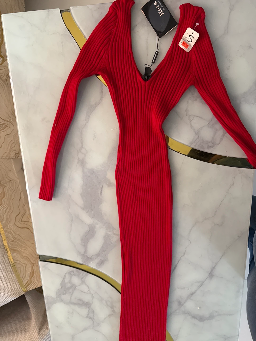 Hera Collection Ribbed V-Neck Long Sleeve Dress - Red, Size S - photo 3
