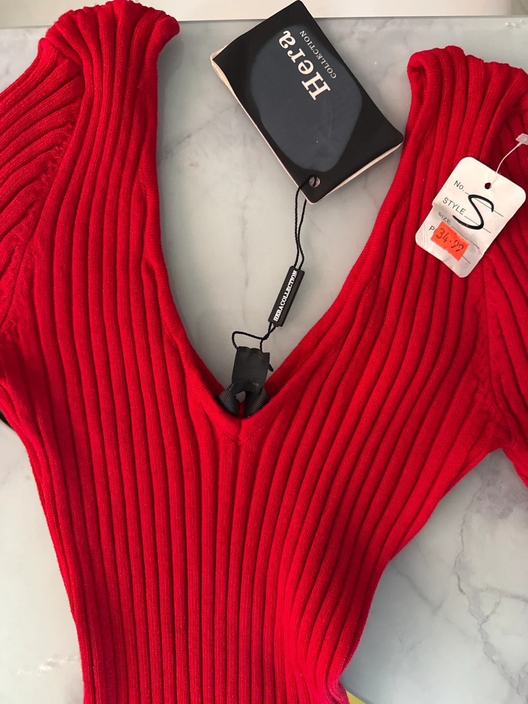 Hera Collection Ribbed V-Neck Long Sleeve Dress - Red, Size S - photo 2