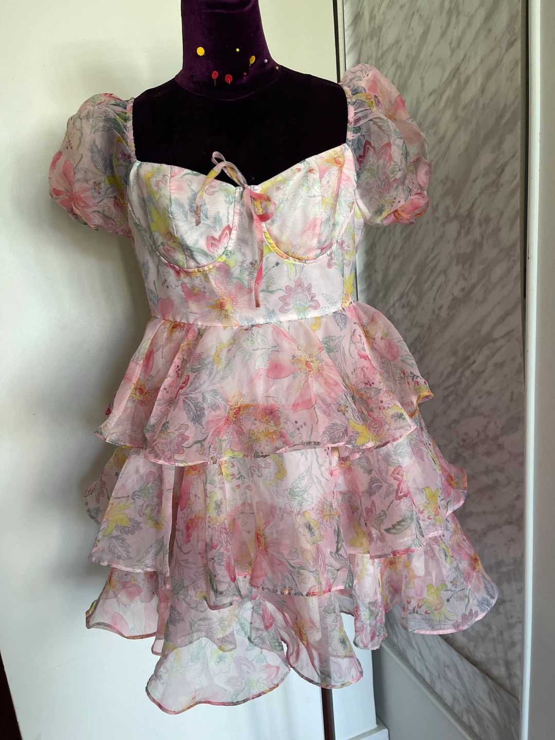 Floral Puff Sleeve Tiered Mini Dress