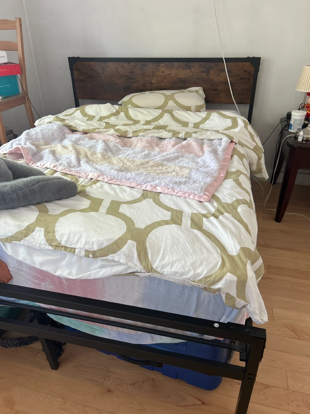 Metal Bed Frame with Wood Headboard