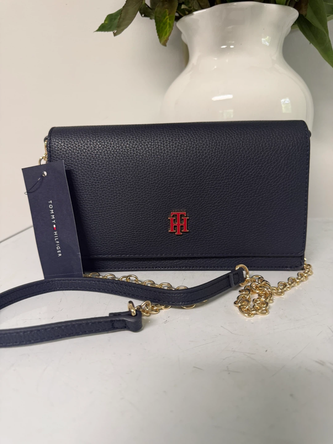 Tommy Hilfiger Navy Pebble Leather Chain Wallet Crossbody Bag