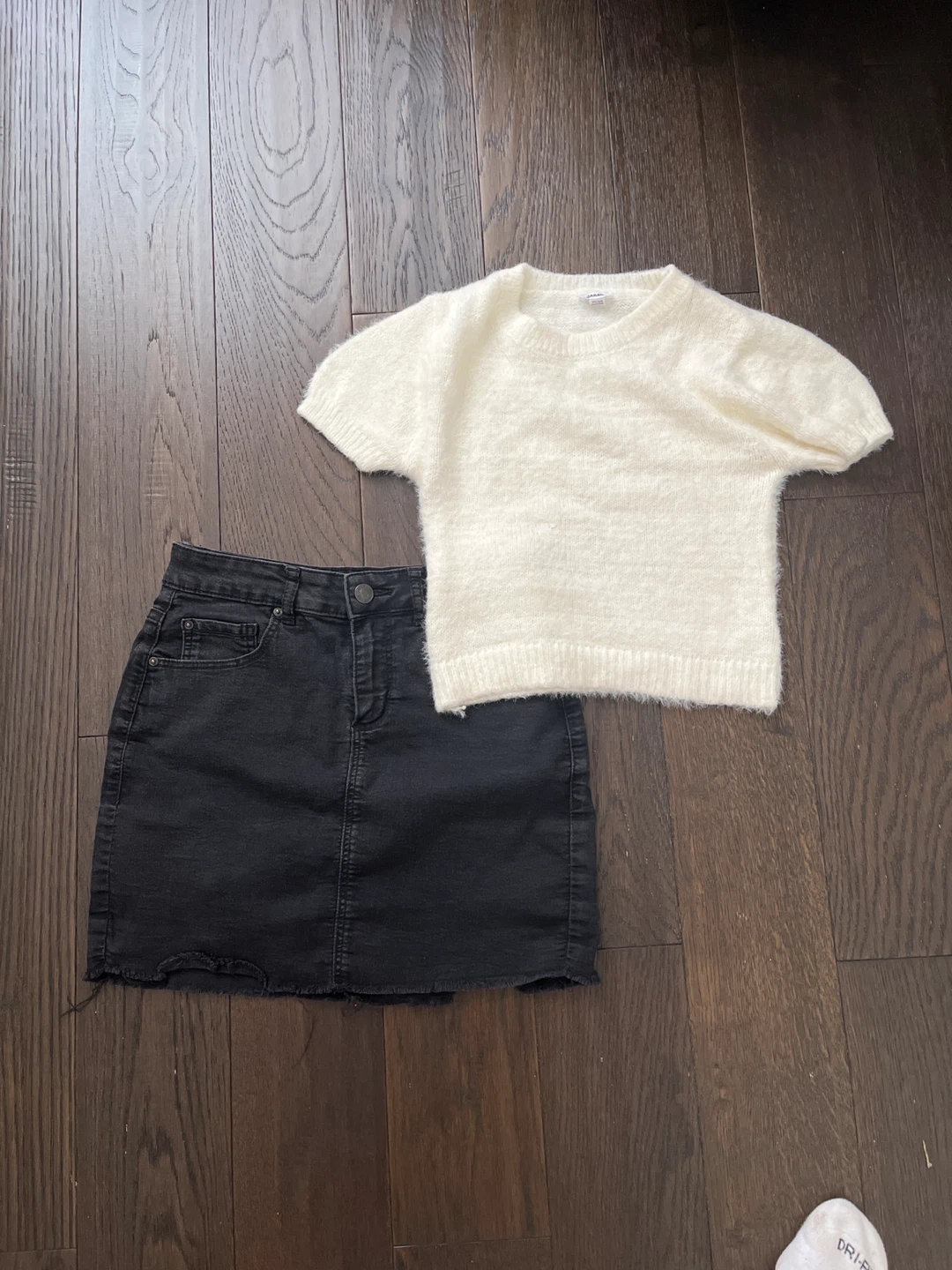 Garage Cream Fuzzy Sweater and Black Denim Skirt Set