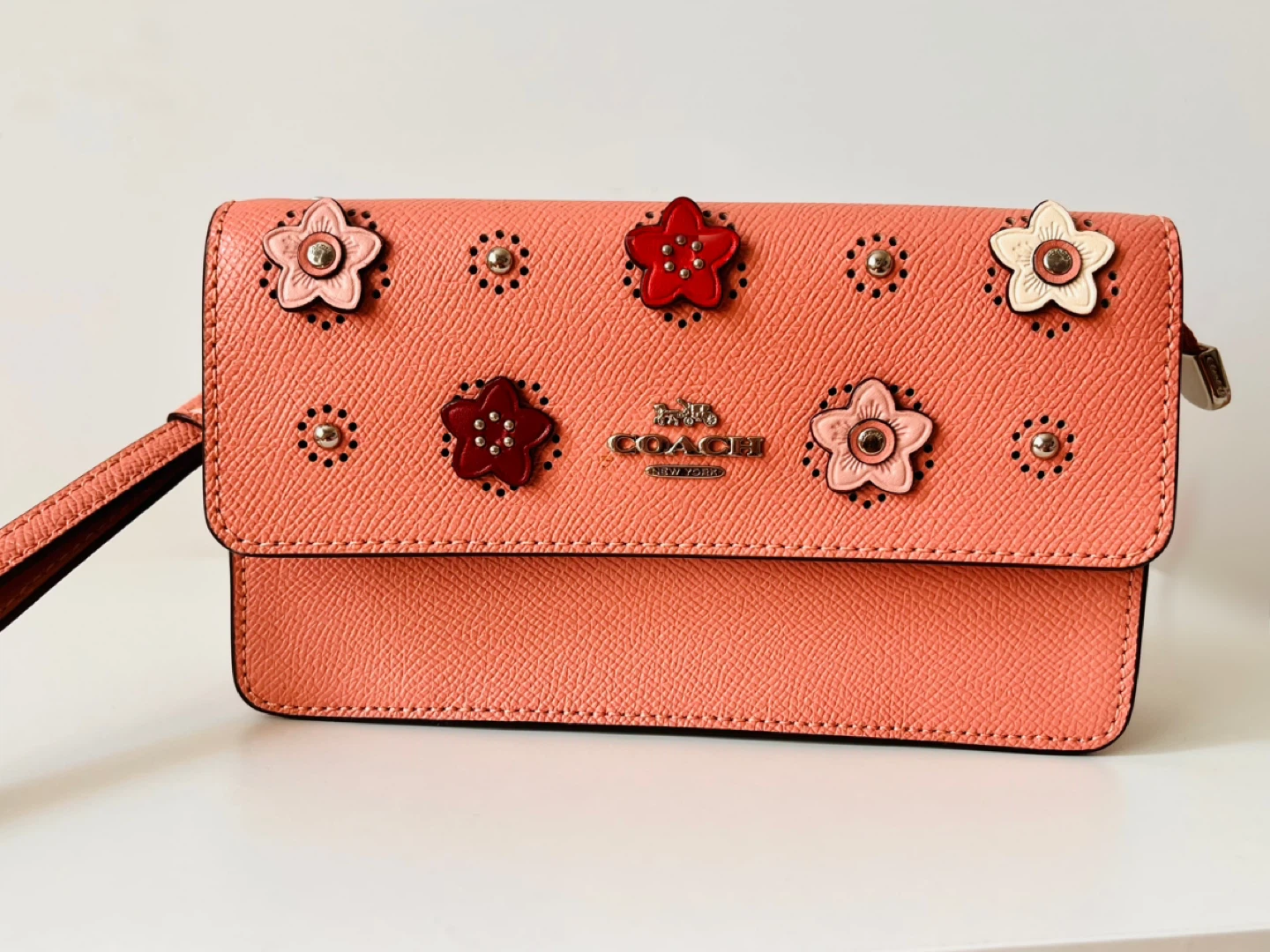 COACH Wristlet Wallet with Floral Embellishments - Coral