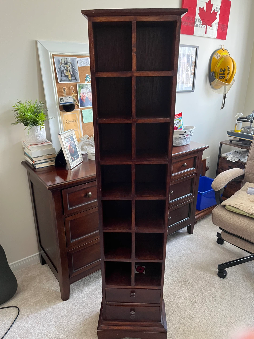 Tall Wooden Display Shelf with Drawers