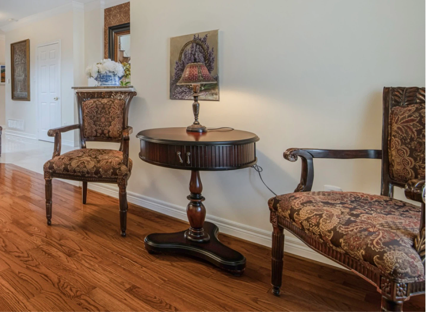 Carved Wood Armchair with Patterned Upholstery - photo 2