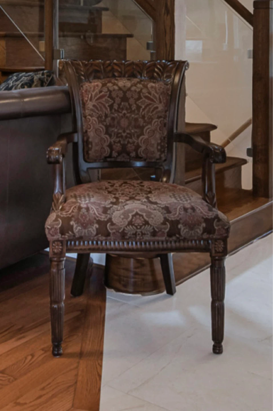 Carved Wood Armchair with Patterned Upholstery - photo 3