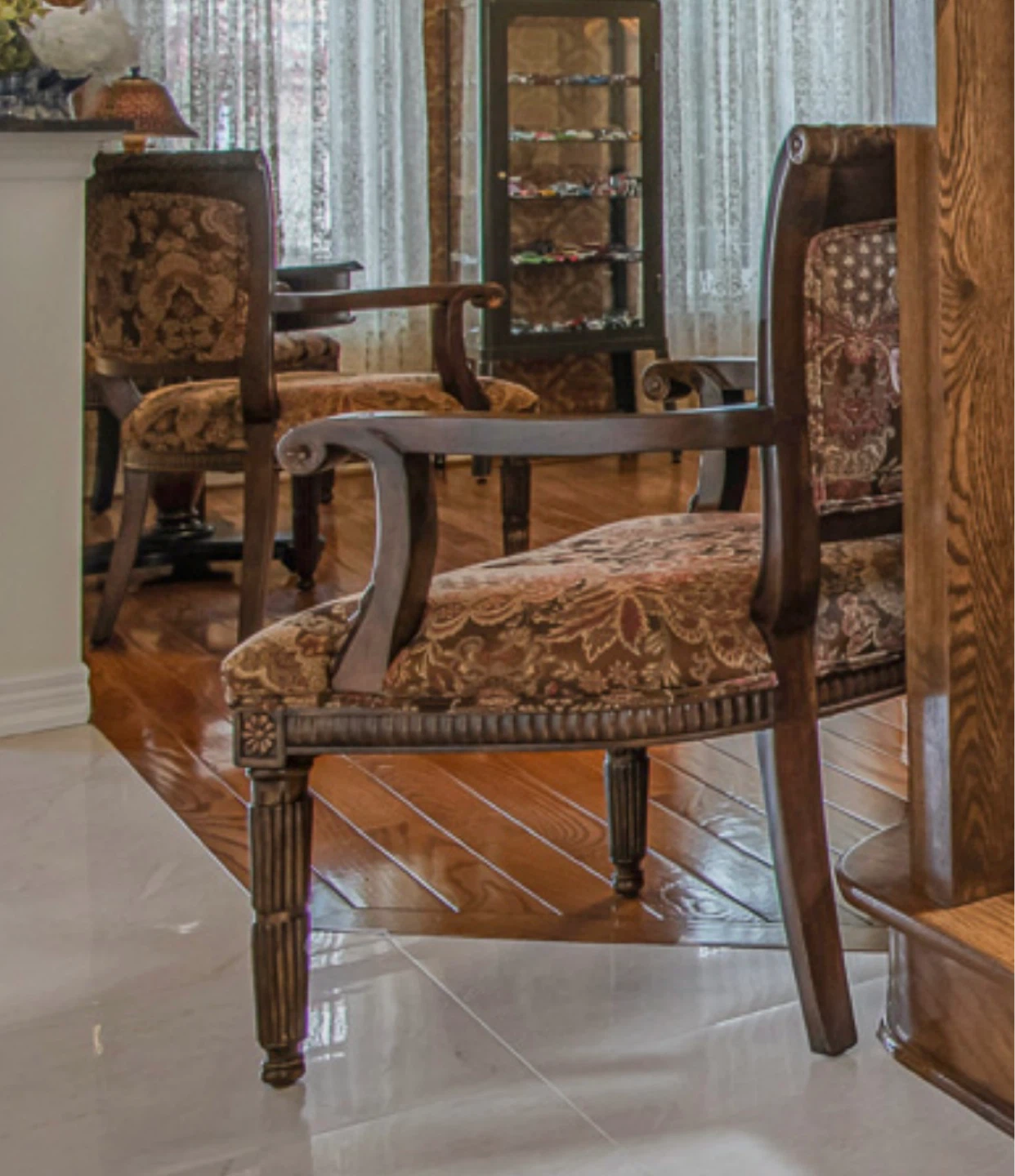 Carved Wood Armchair with Patterned Upholstery - photo 4