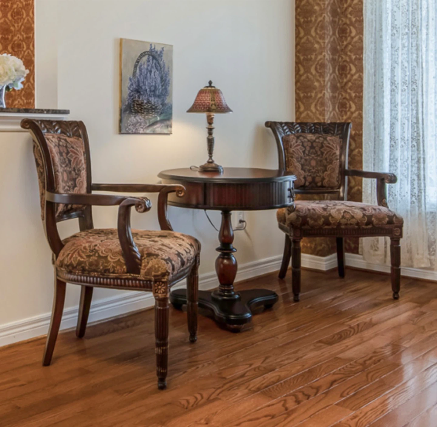 Carved Wood Armchair with Patterned Upholstery