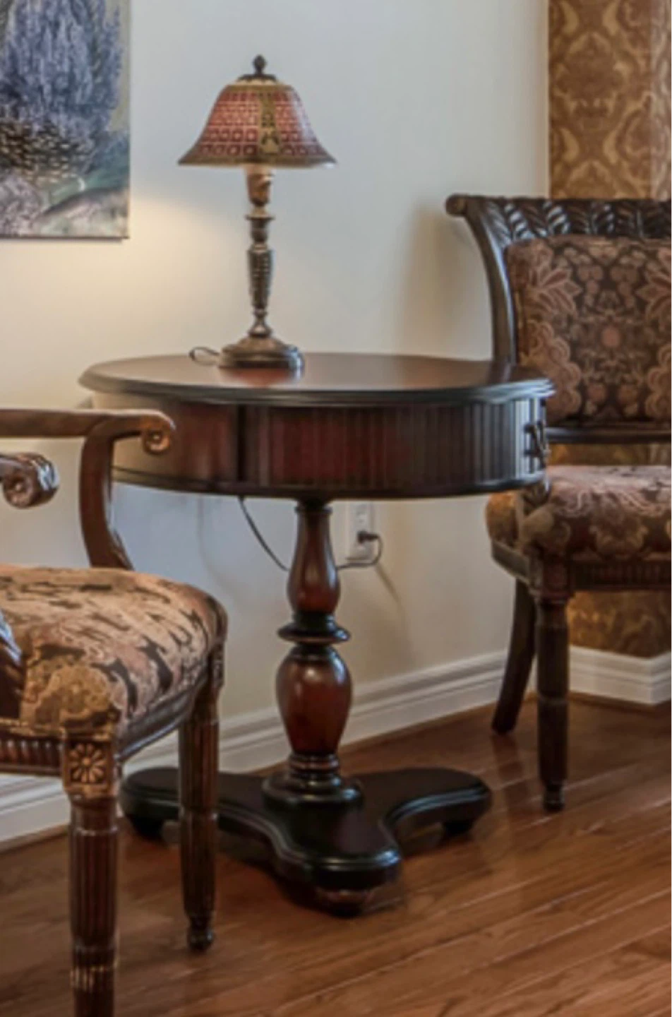 Mahogany Drum Wooden Table With Storage Doors and a Tripod base