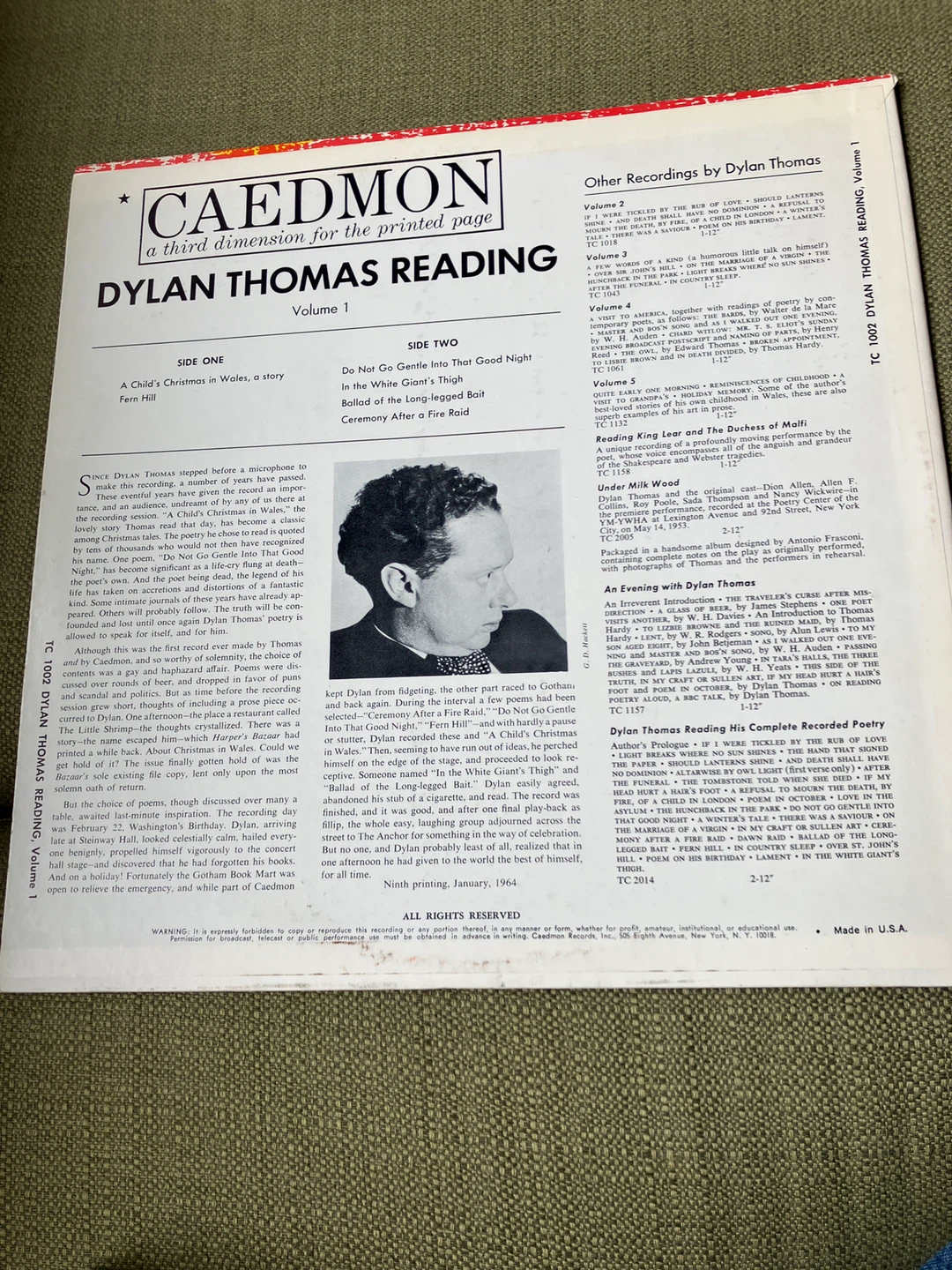 Dylan Thomas Reading A Child's Christmas in Wales Volume 1 LP - photo 2