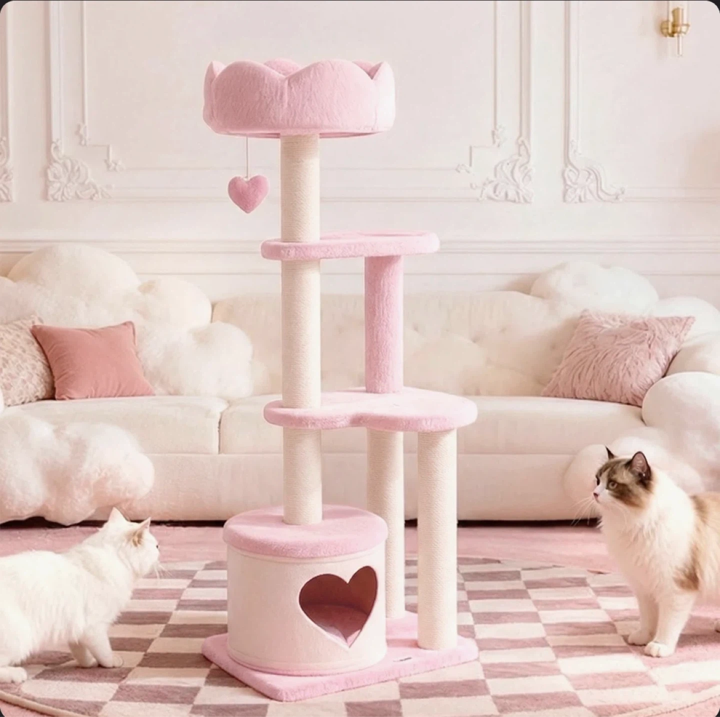 Pink Cat Tree Condo with Scratching Posts and Dangling Toy
