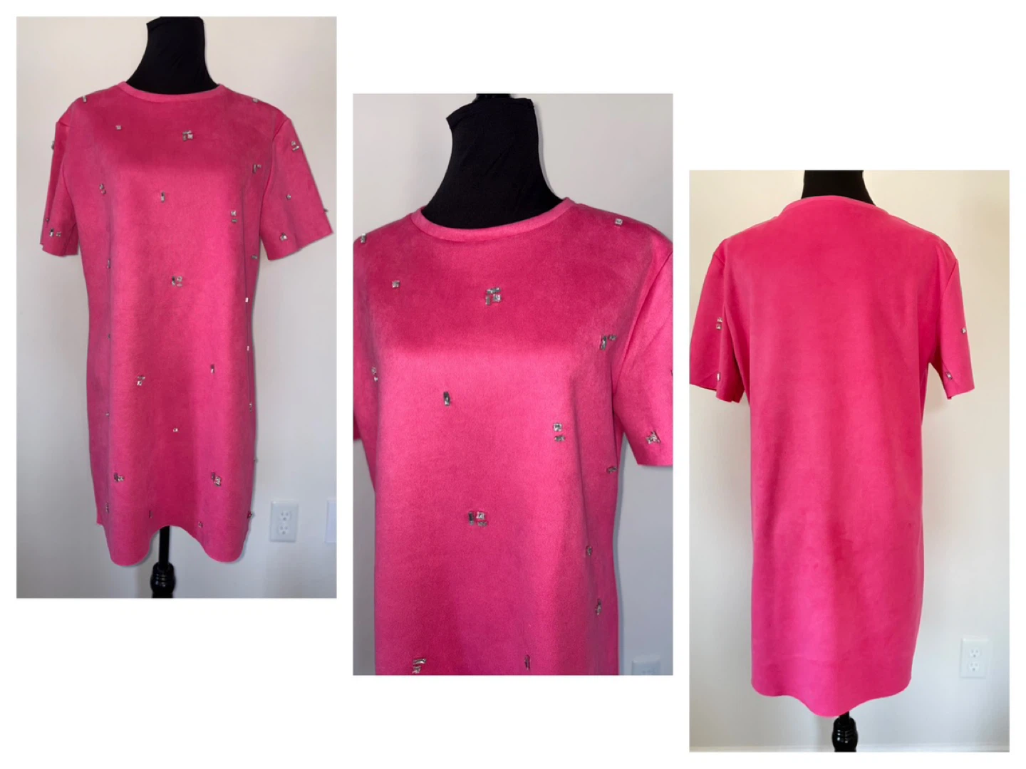 L - ZARA Hot Pink Dress with Rhinestone Embellishments