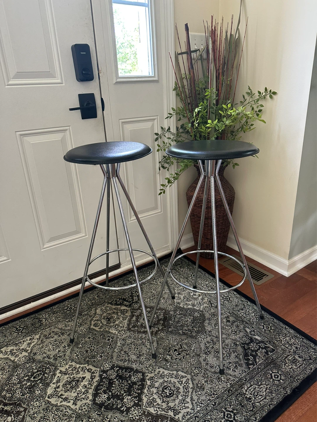 Pair of Black Bar Stools with Chrome Legs