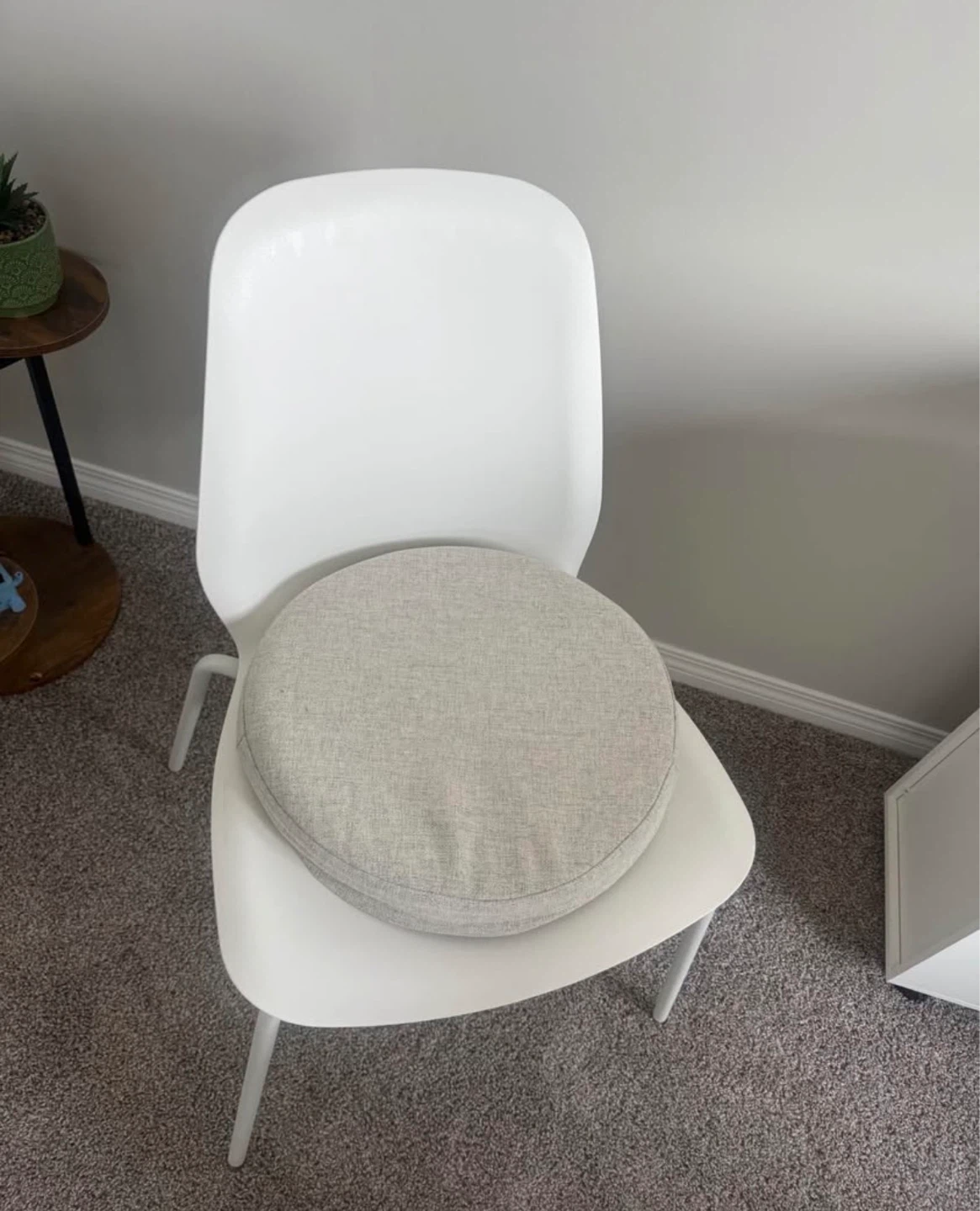 IKEA White Plastic Chair with Round Cushion