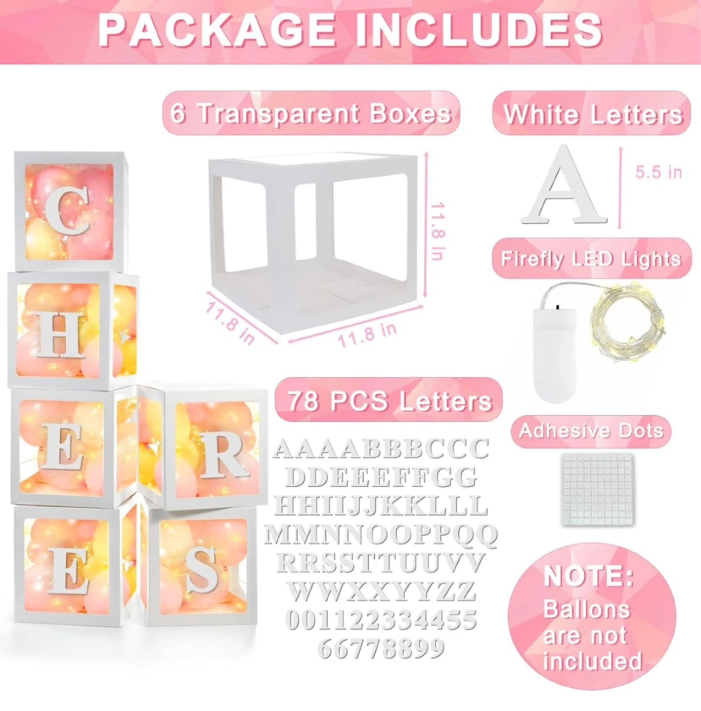 New 6 Transparent Balloon Boxes with String Lights and Letters - photo 2