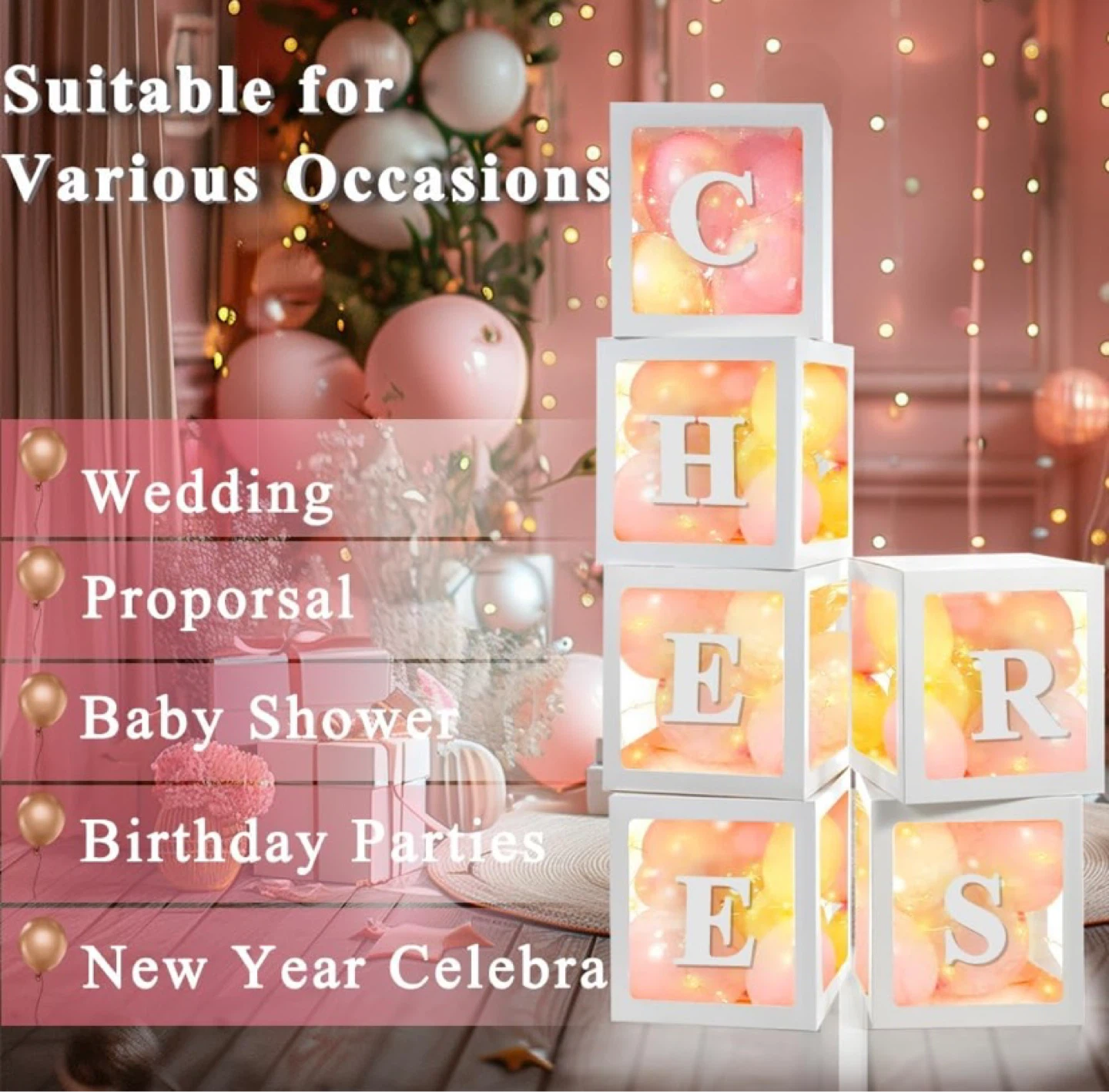 New 6 Transparent Balloon Boxes with String Lights and Letters - photo 4
