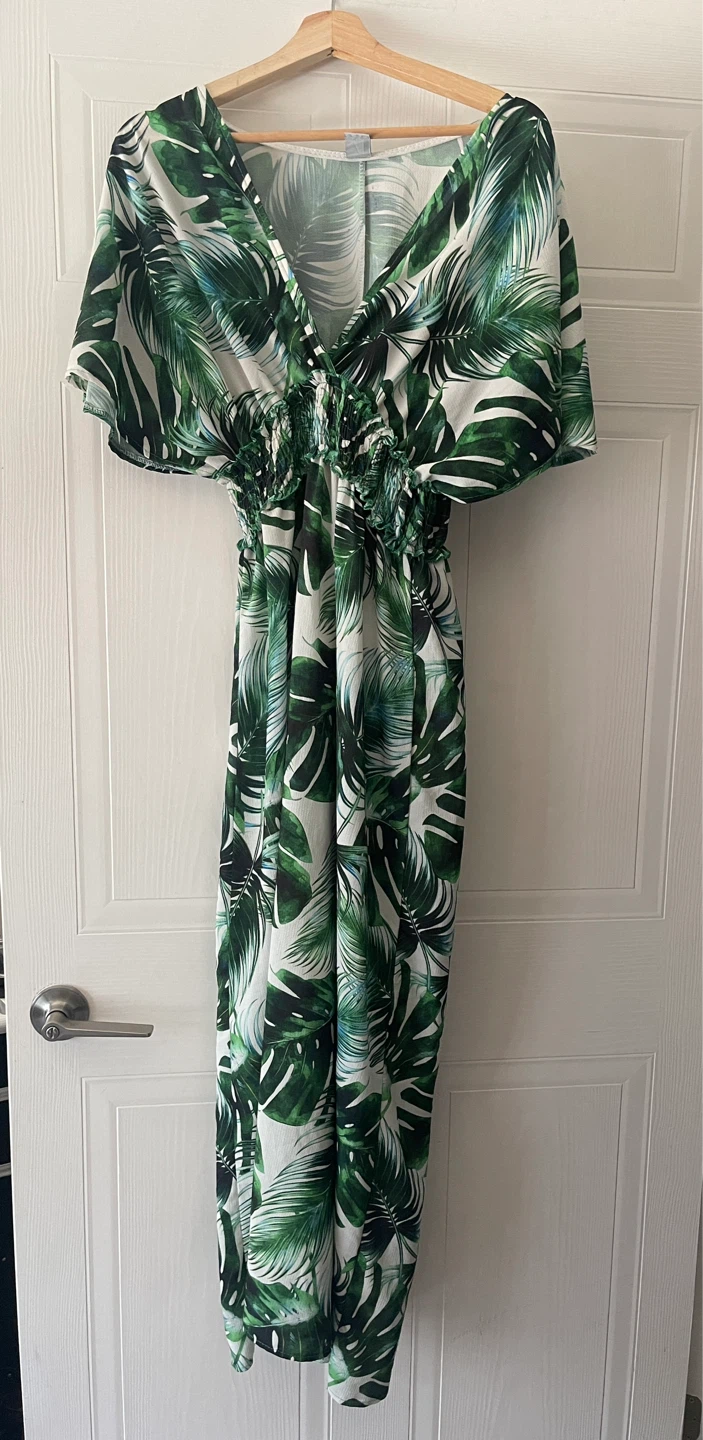 Italian Summer Tropical Green Leaf Maxi Dress size L