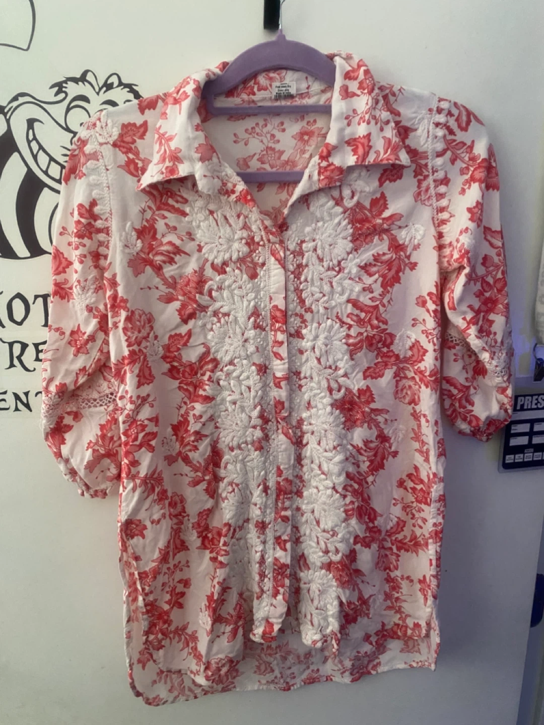 Sabritha Red Floral Embroidered Tunic Shirt Size M