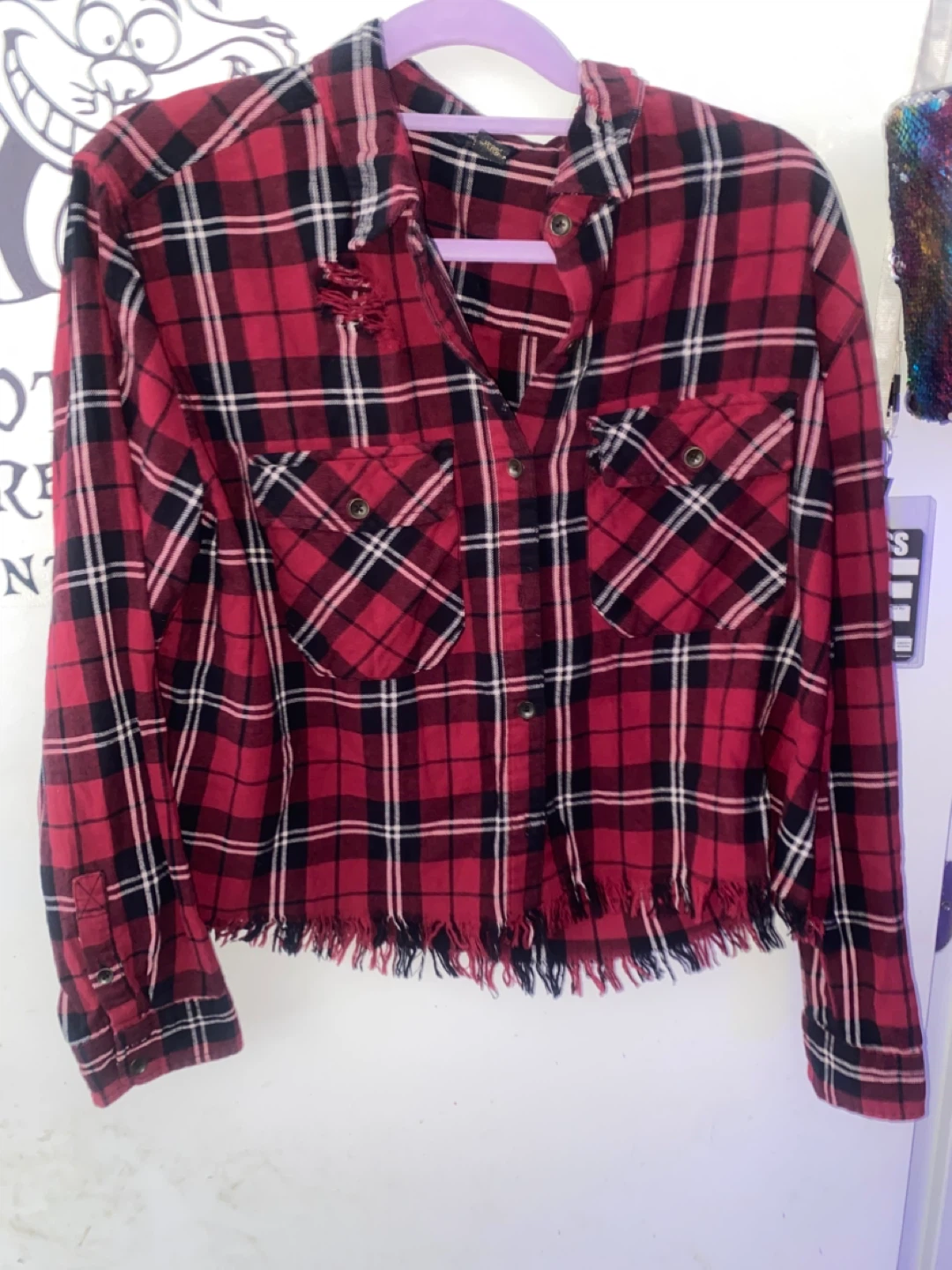 Forever 21 Red Plaid Cropped Shirt - Size L