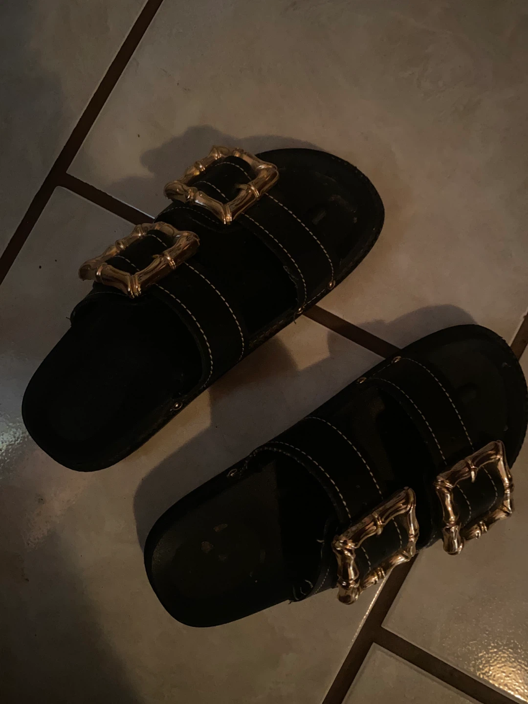 Black Slide Sandals with Gold Metal Buckles
