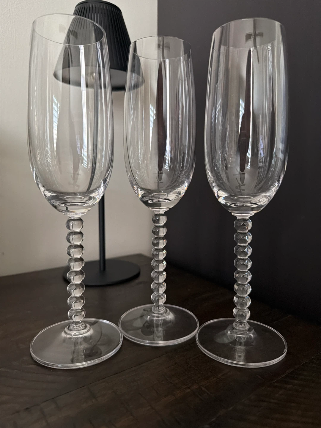 Set of 3 Clear Glass Champagne Flutes with Beaded Stems