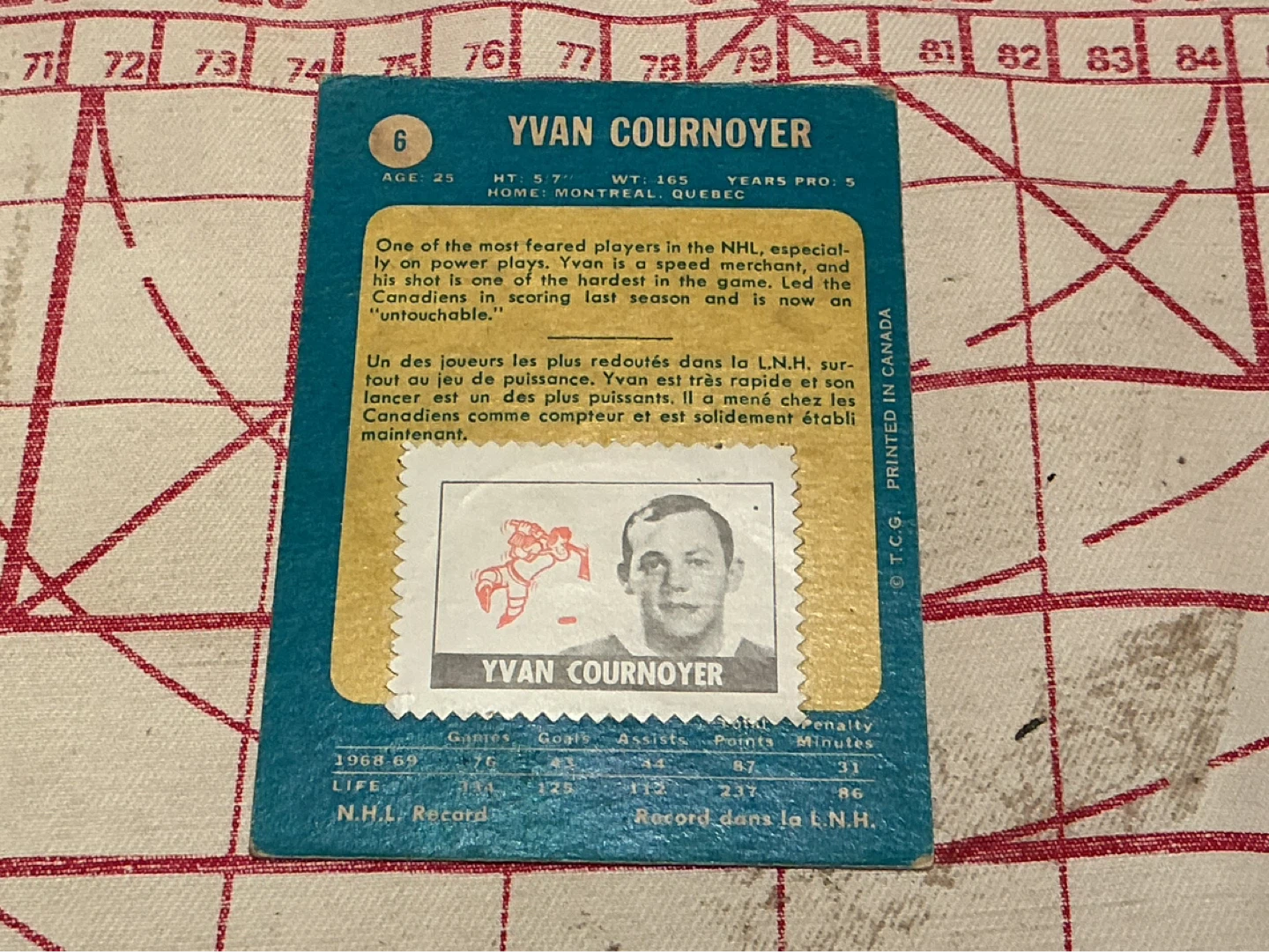 1969-70 O-PEE-CHEE YVON COURNOYER Card #6 - photo 2