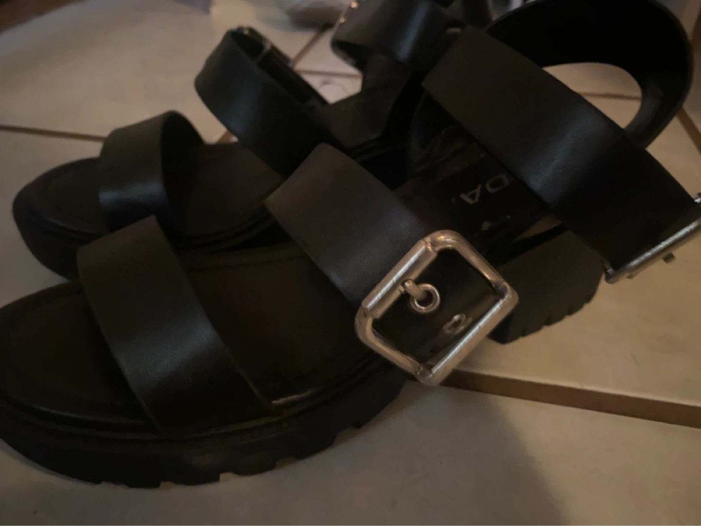 Black Platform Sandals with Silver Metal Buckle Straps