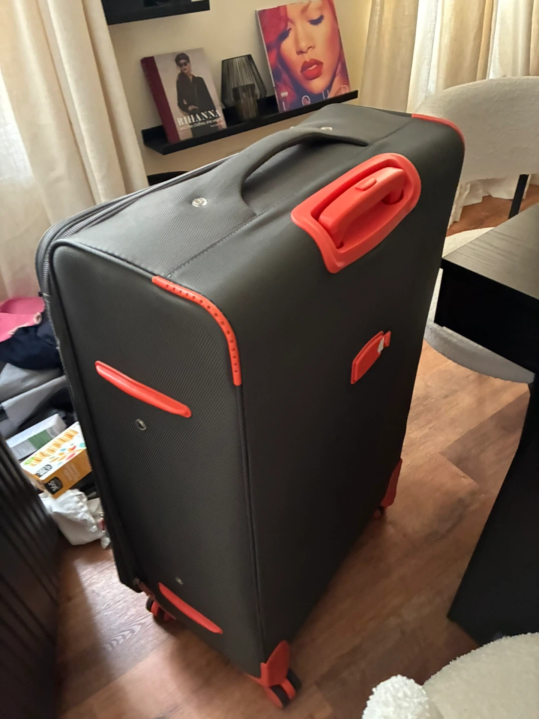 New ! SANZHENG Dark Grey Large Rolling Suitcase with Red Accents