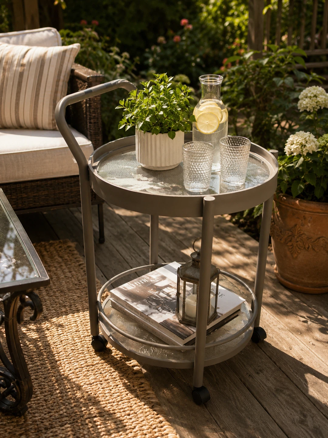 Grey metal bar cart with glass shelves