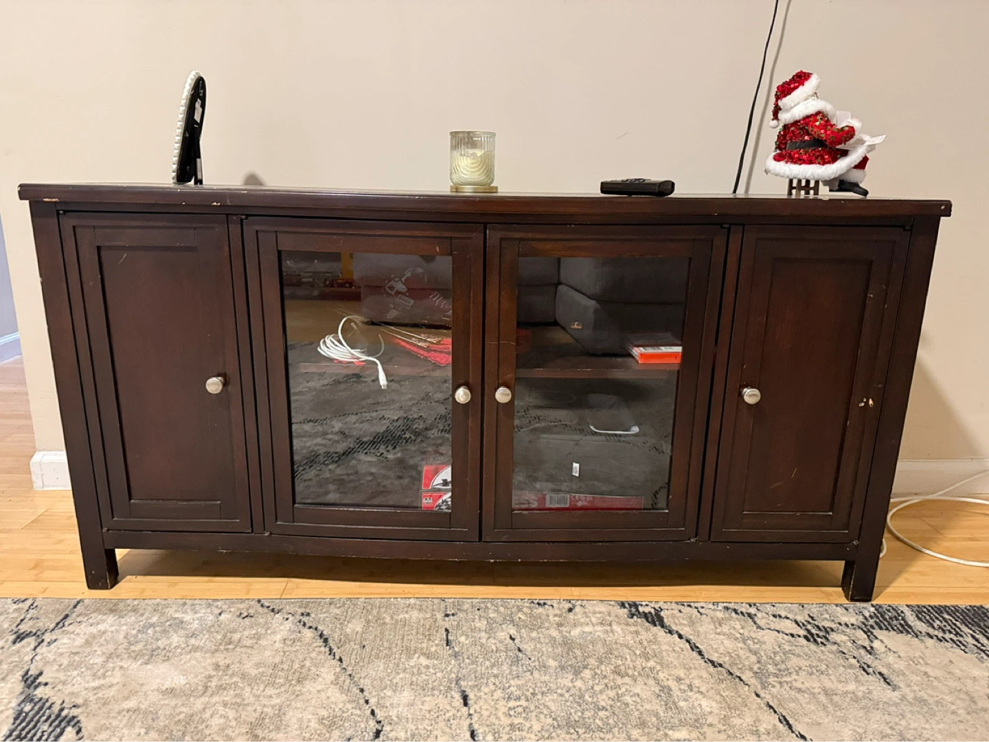 Dark Wood TV Stand with Glass Doors