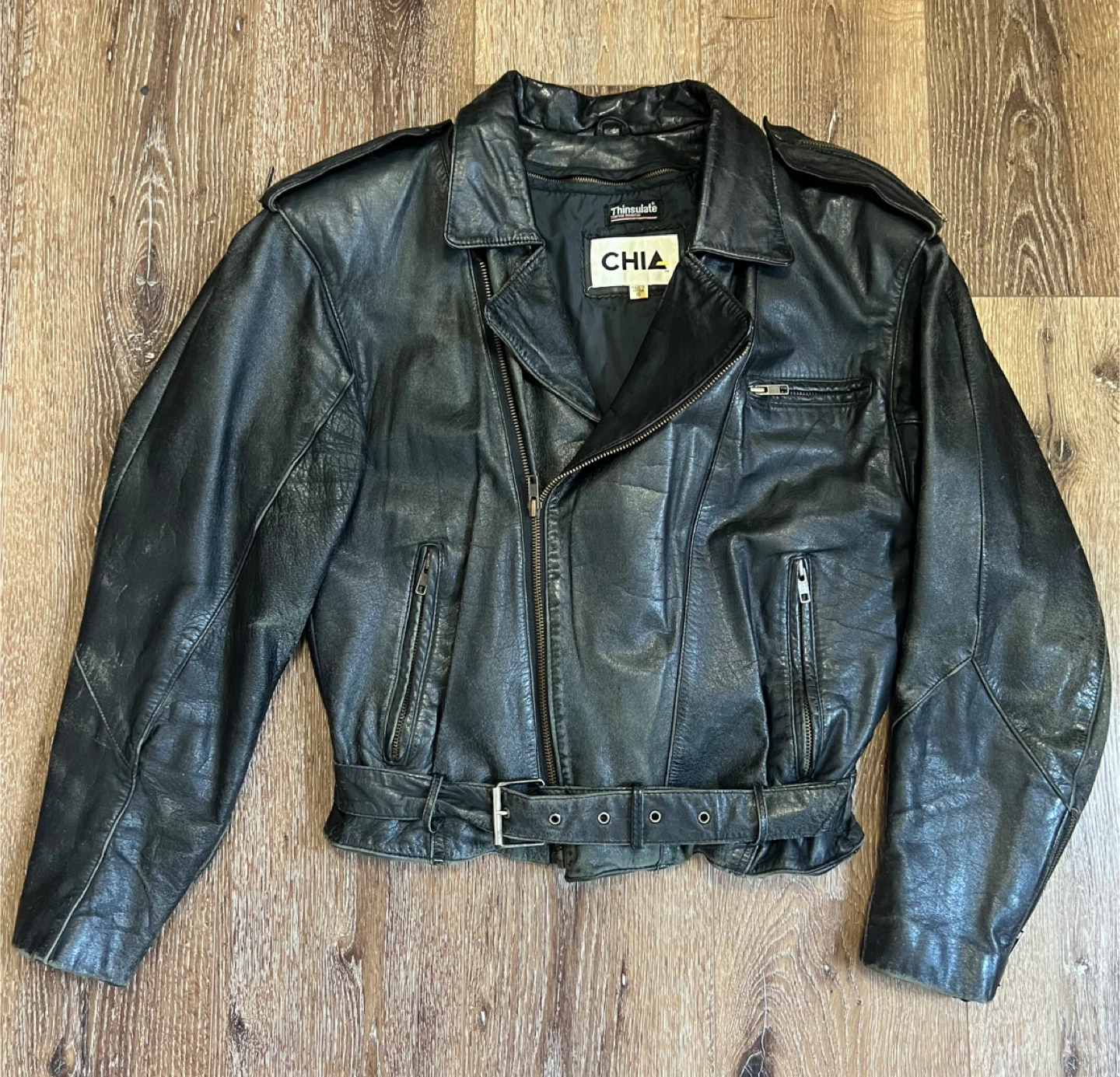 CHIA Black Leather Motorcycle Jacket with Thinsulate Lining