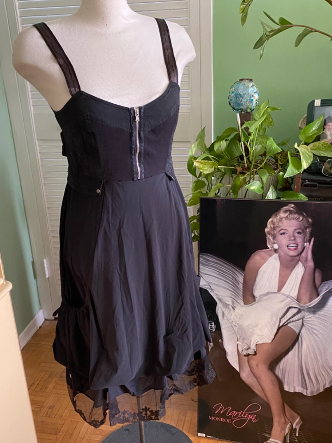 Parachute Black Sheer Lace Hem Dress with Zipper Front