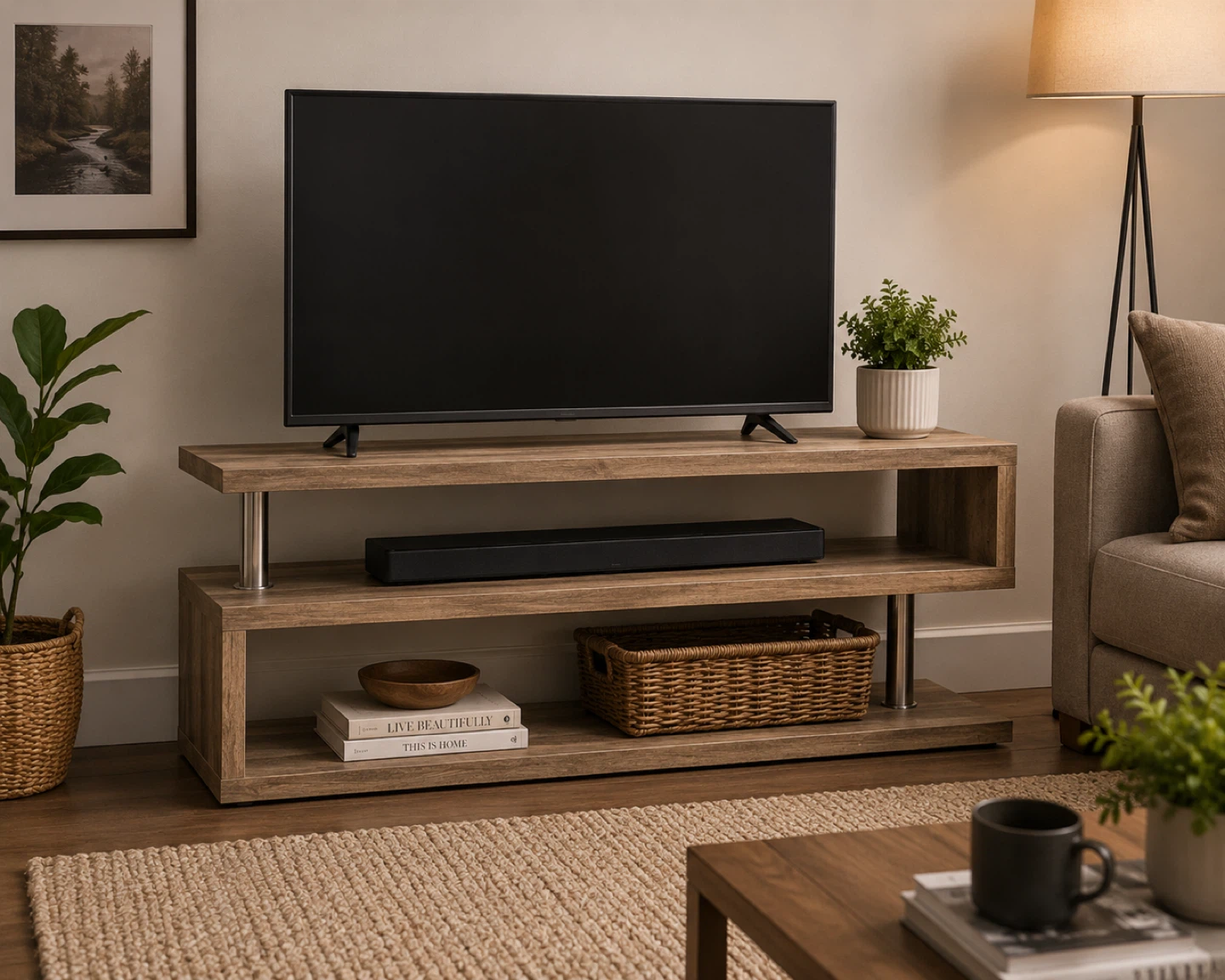 Wooden TV Stand with 2 Shelves