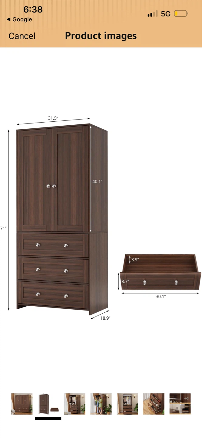 New Dark Wood Wardrobe with 3 Drawers