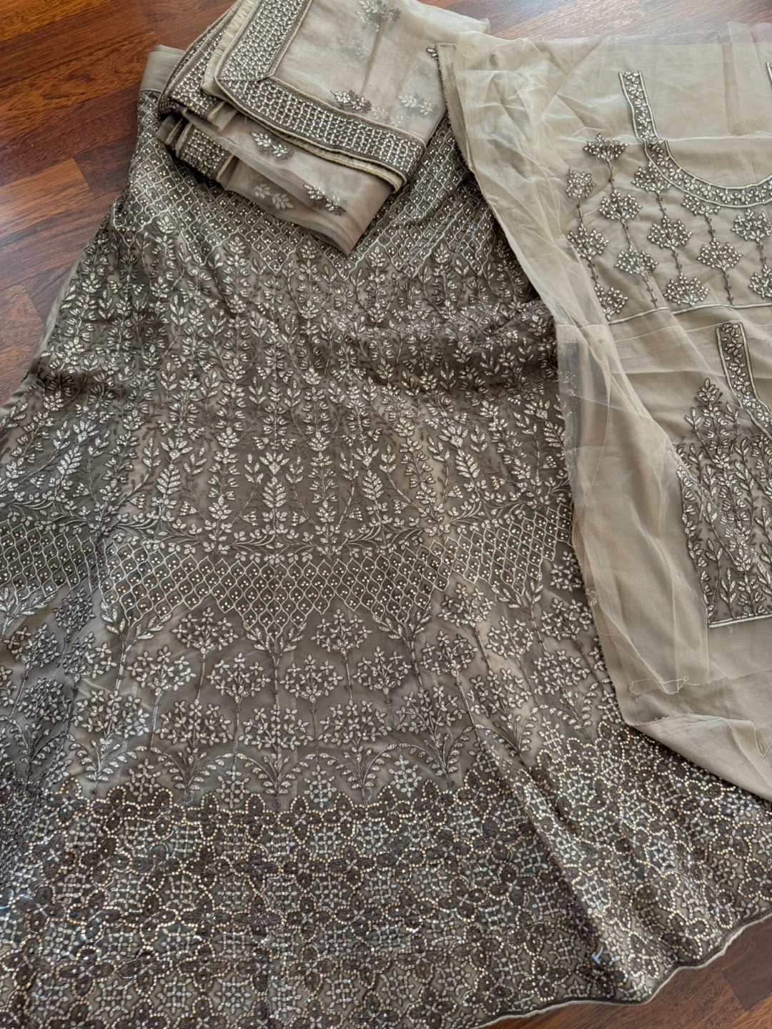 Embellished Brown Semi Stitched Lehenga Choli Set