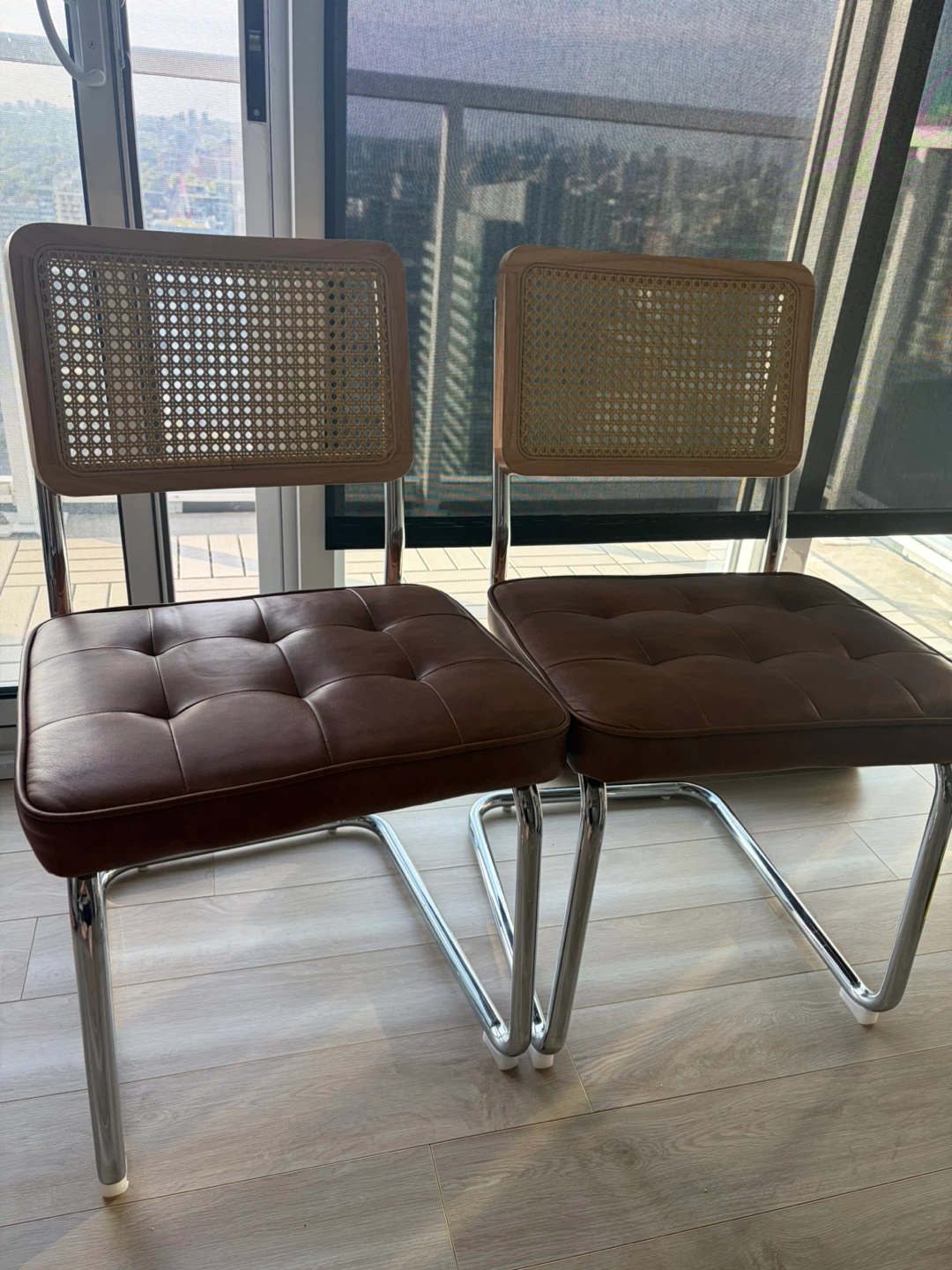 Set of 2 Mid-Century Style Cane and Faux Leather Chairs