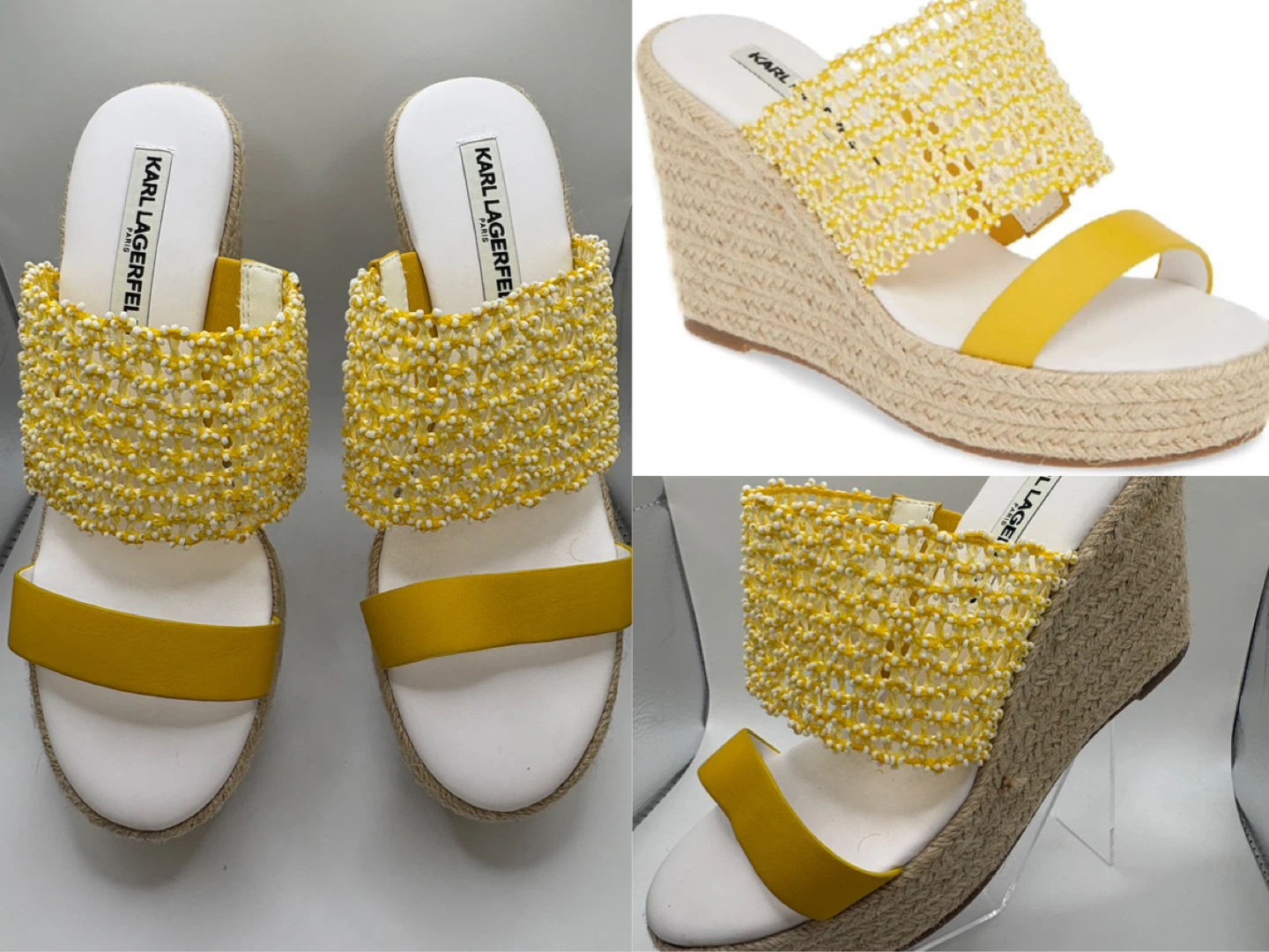 7.5 - NEW! Karl Lagerfeld Yellow Beaded Espadrille Wedge Sandals