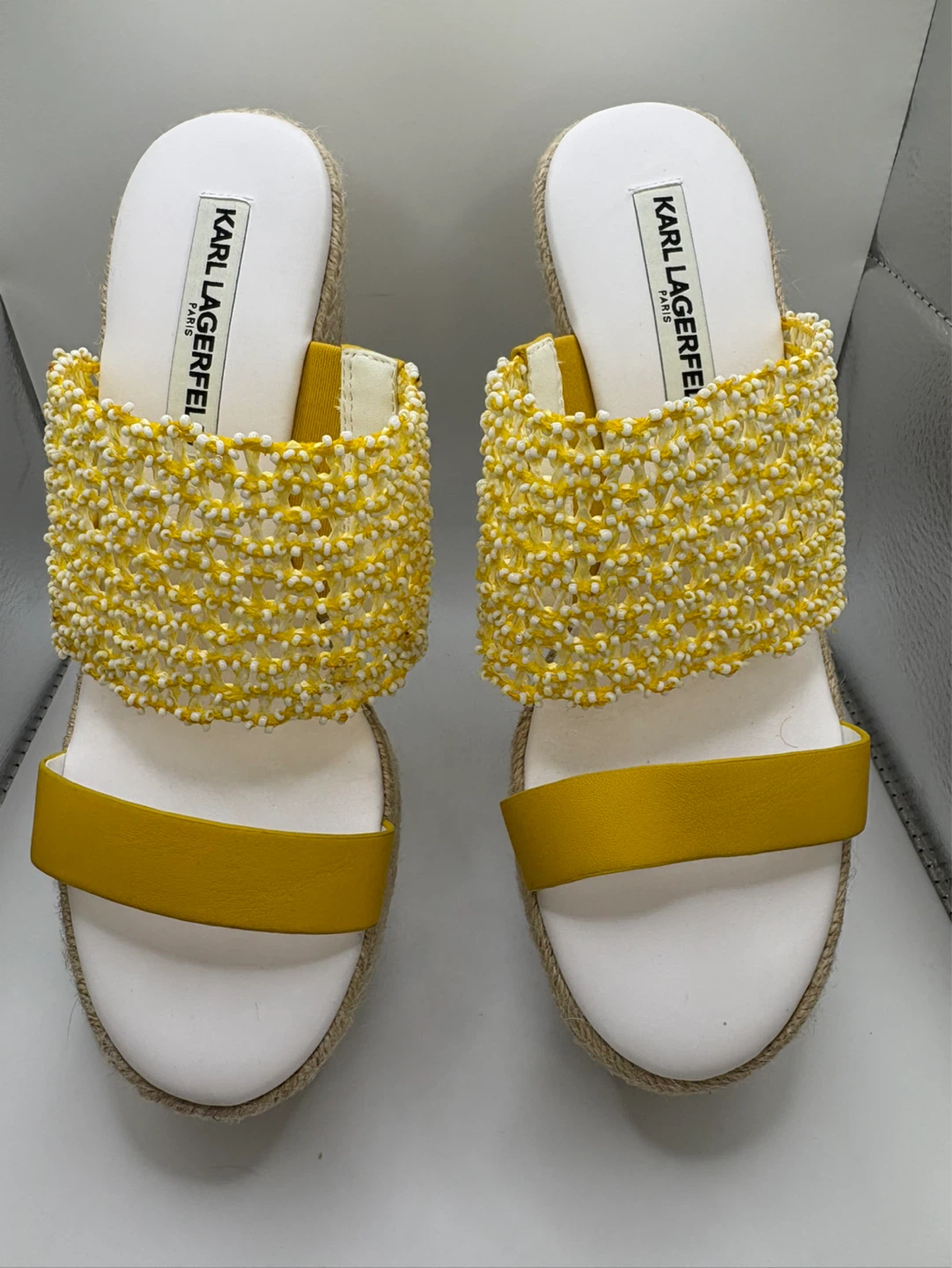 7.5 - NEW! Karl Lagerfeld Yellow Beaded Espadrille Wedge Sandals - photo 4
