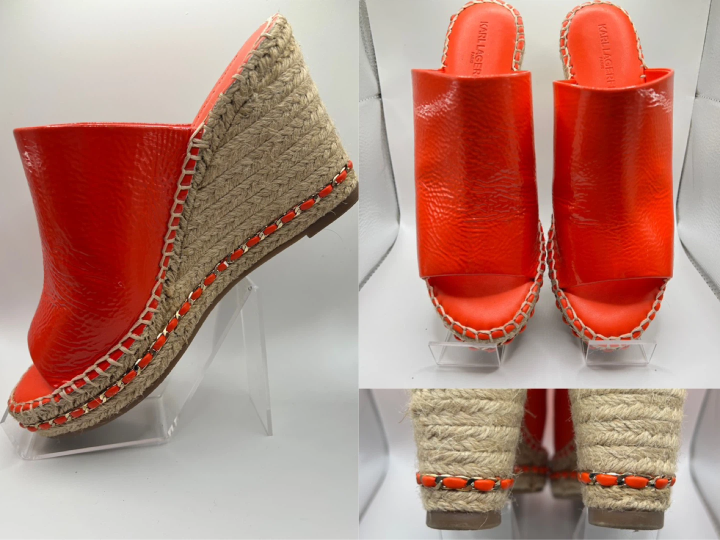7.5 - NEW! KARL LAGERFELD Orange Patent Espadrille Wedge Mules